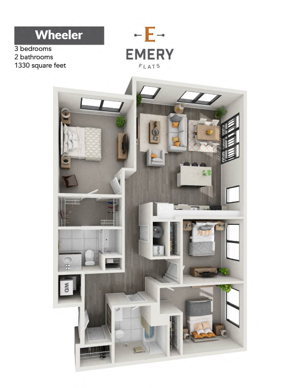 Floor plan for 3 beds, 2 baths, 1330 sqft